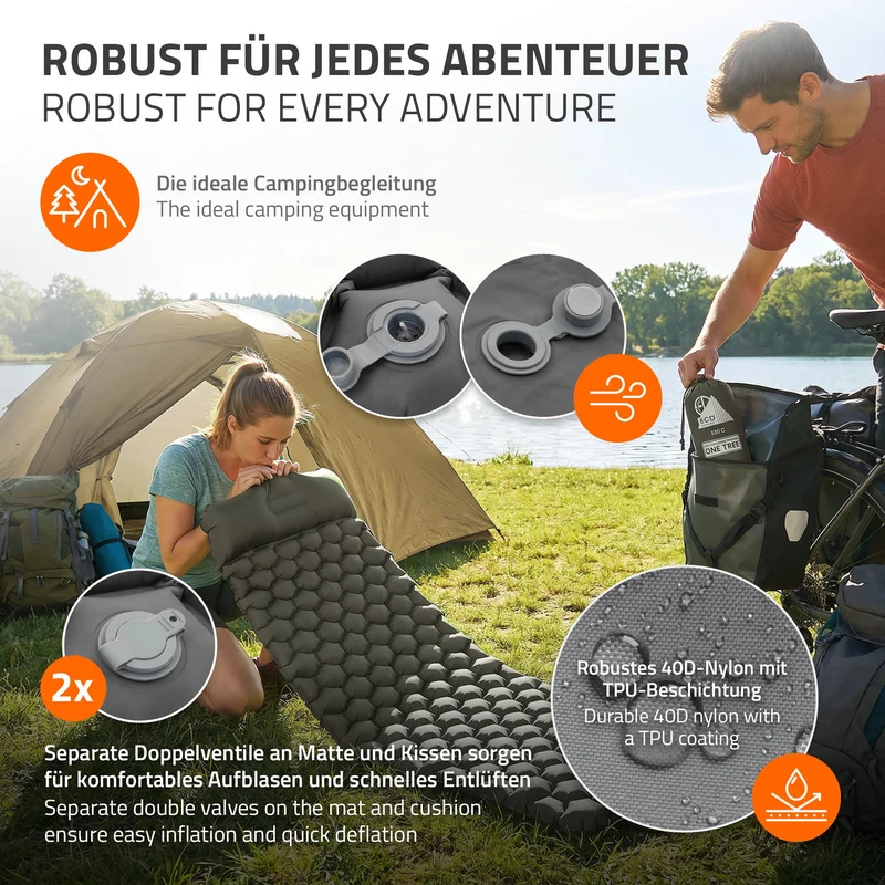 Isomatte Camping, Campingmatte aufblasbar, Grau, Luftmatratze Outdoor mit integriertem Kopfkissen, Ultraleicht, Kompakt & Faltbar
