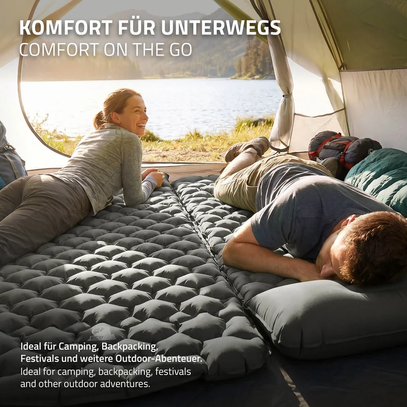 Isomatte Camping, Campingmatte aufblasbar, Grau, Luftmatratze Outdoor mit integriertem Kopfkissen, Ultraleicht, Kompakt & Faltbar