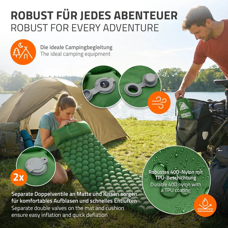 Isomatte Camping, Campingmatte aufblasbar, Grün, Luftmatratze Outdoor mit integriertem Kopfkissen, Ultraleicht, Kompakt & Faltbar