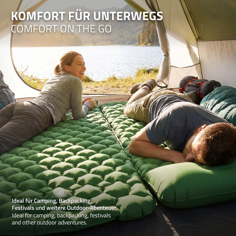 Isomatte Camping, Campingmatte aufblasbar, Grün, Luftmatratze Outdoor mit integriertem Kopfkissen, Ultraleicht, Kompakt & Faltbar