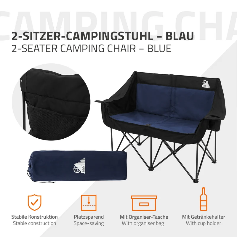 Campingstuhl faltbar für 2 Personen bis 200 kg Blau mit Getränkehalterung und Tragetasche, Doppel Klappstuhl
