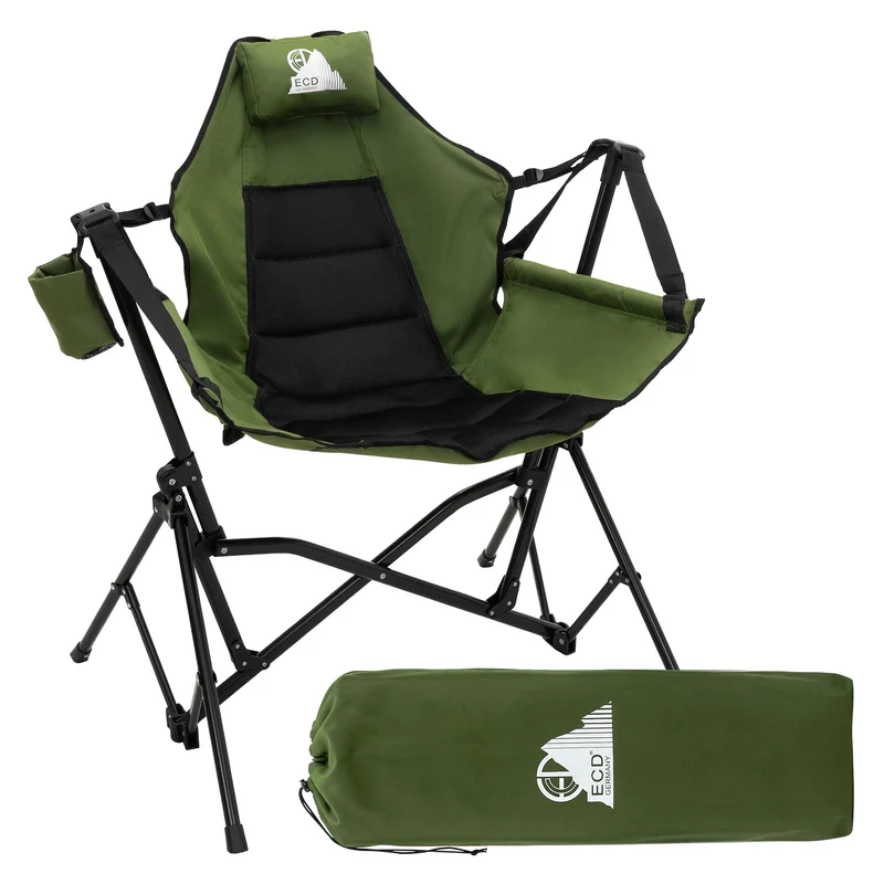 ECD GERMANY | Campingstuhl faltbar mit Stahlgestell Khaki Schaukelstuhl bis 150 kg Angelstuhl Klappstuhl verstellbare Rückenlehne Faltstuhl Outdoor