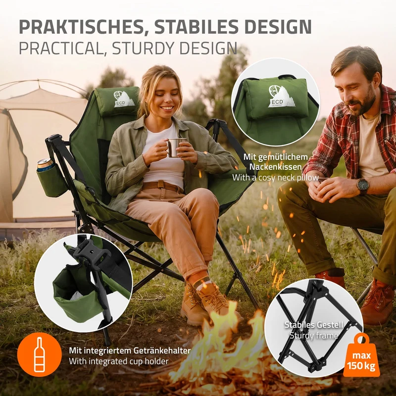 ECD GERMANY | Campingstuhl faltbar mit Stahlgestell Khaki Schaukelstuhl bis 150 kg Angelstuhl Klappstuhl verstellbare Rückenlehne Faltstuhl Outdoor