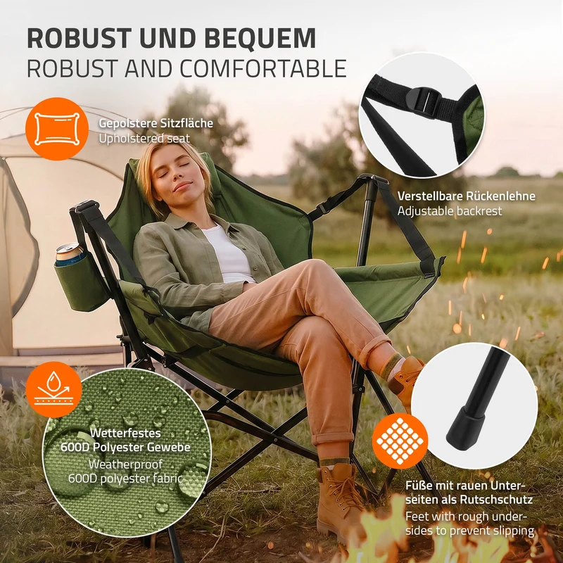 ECD GERMANY | Campingstuhl faltbar mit Stahlgestell Khaki Schaukelstuhl bis 150 kg Angelstuhl Klappstuhl verstellbare Rückenlehne Faltstuhl Outdoor