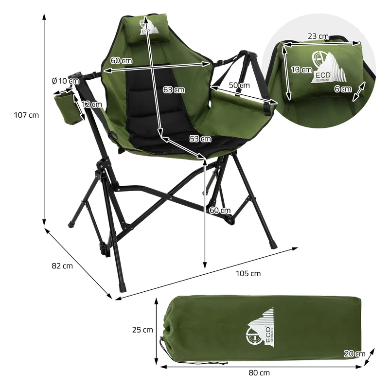 ECD GERMANY | Campingstuhl faltbar mit Stahlgestell Khaki Schaukelstuhl bis 150 kg Angelstuhl Klappstuhl verstellbare Rückenlehne Faltstuhl Outdoor