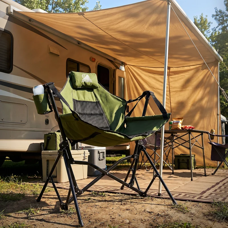 ECD GERMANY | Campingstuhl faltbar mit Stahlgestell Khaki Schaukelstuhl bis 150 kg Angelstuhl Klappstuhl verstellbare Rückenlehne Faltstuhl Outdoor