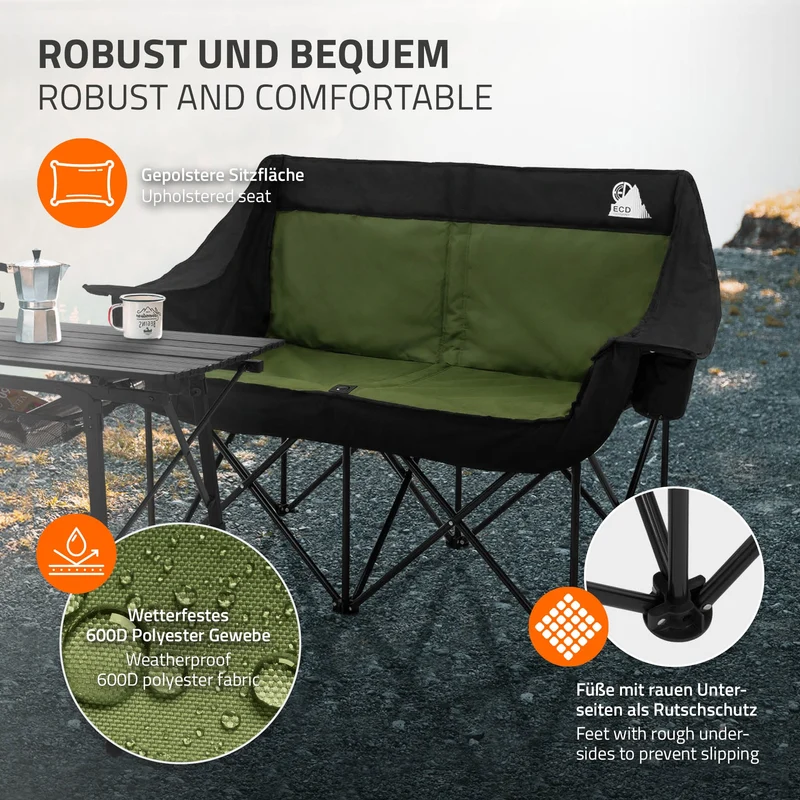 Campingstuhl faltbar für 2 Personen bis 200 kg Khaki mit Getränkehalterung und Tragetasche, Doppel Klappstuhl