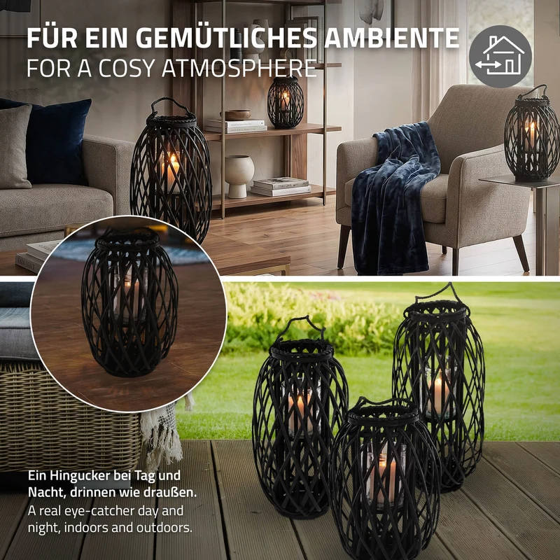 Riedlaterne mit Henkel 40x Ø26 cm Schwarz aus umweltfreundlichem Rattan