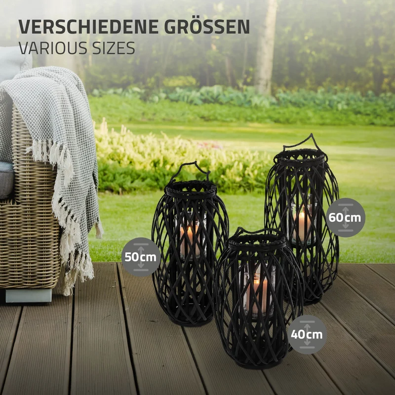 Riedlaterne mit Henkel 40x Ø26 cm Schwarz aus umweltfreundlichem Rattan