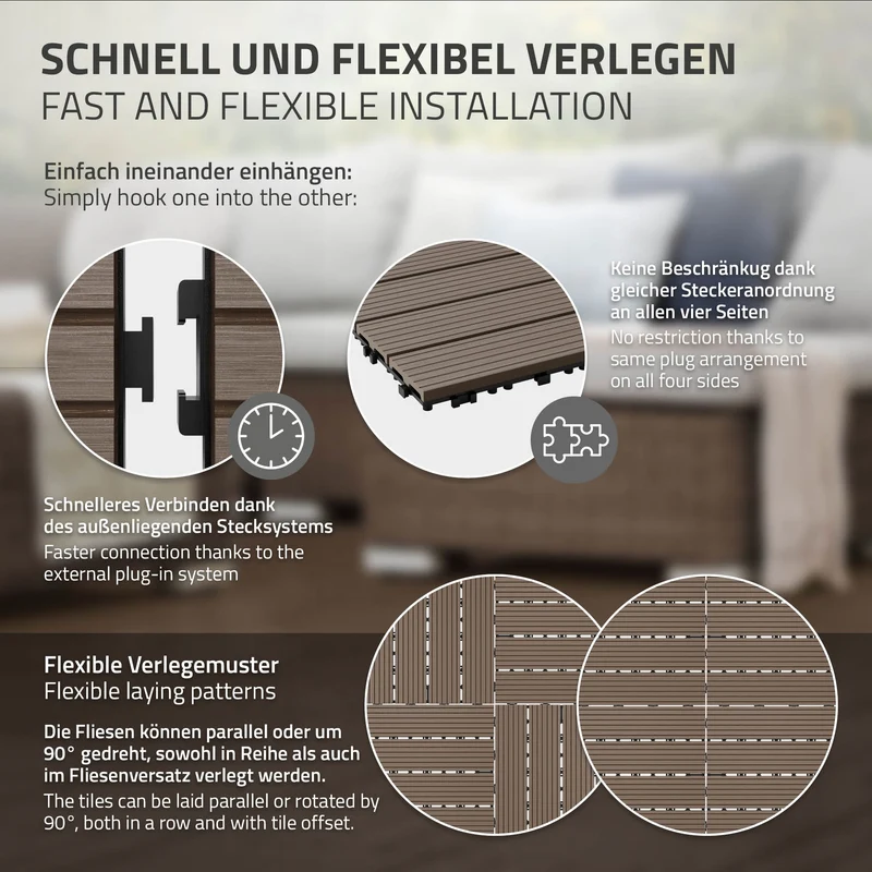 WPC Terrassenfliesen 30x30 cm 22er Set für 2m² Dunkelbraun in Holzoptik Balkon Bodenbelag mit Drainage und Klicksystem Terrassendielen Balkonfliesen