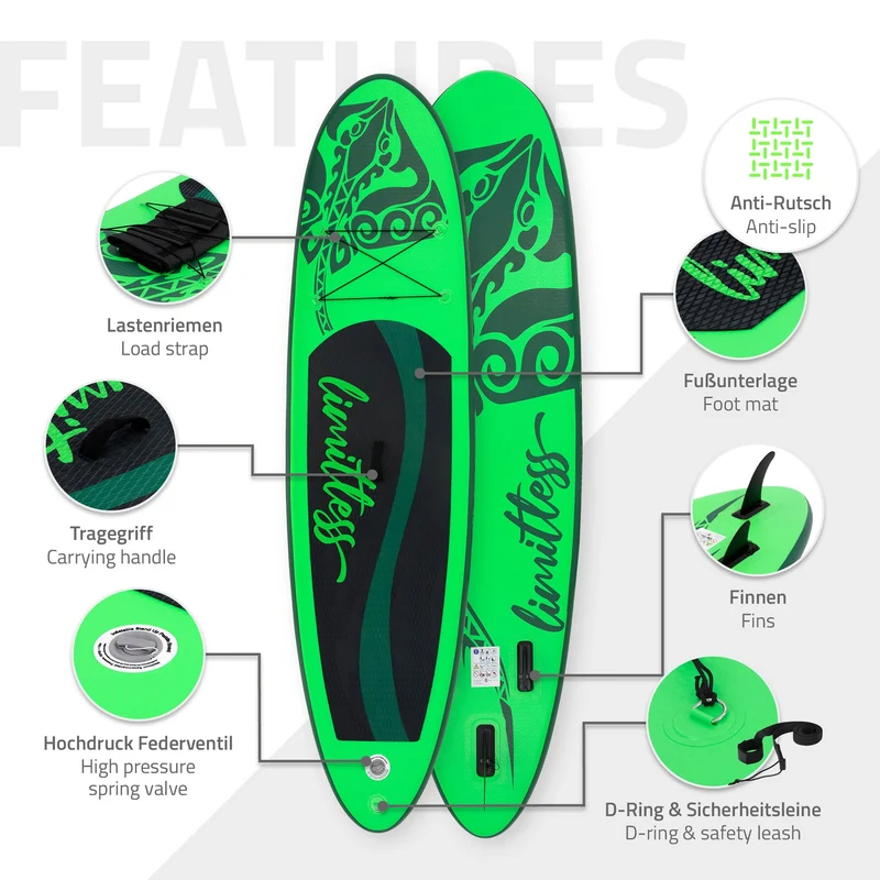 Stand Up Paddle aufblasbares SUP Board Limitless 308x76x10 in Grün aus PVC inkl. Pumpe und Tragetasche