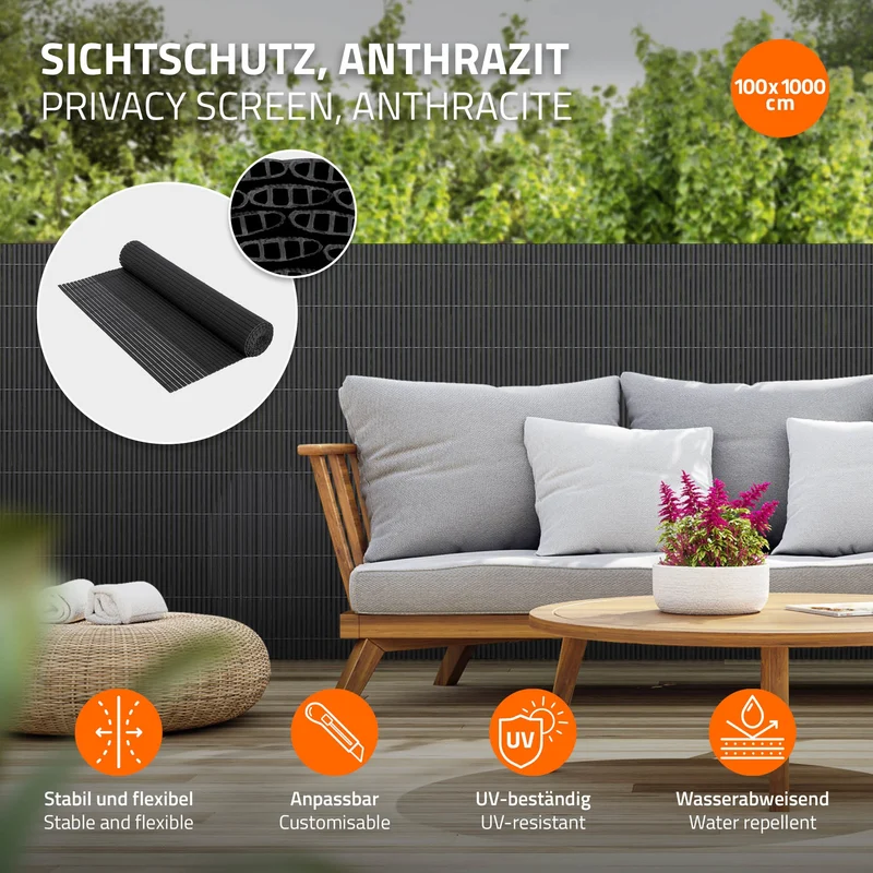 Sichtschutzmatte 100x1000 cm Sichtschutzzaun Windschutz Balkonschutz PVC Anthrazit UV-beständig