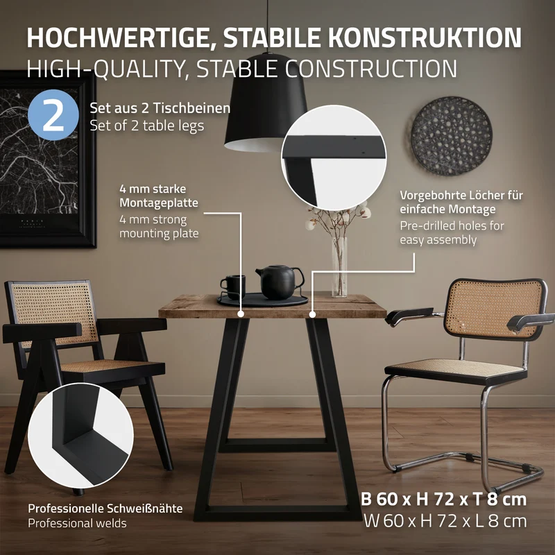 2x Tischbeine Trapez Design 60x72 cm Schwarz pulverbeschichtete Stahl Tischgestell für Esstisch Schreibtisch