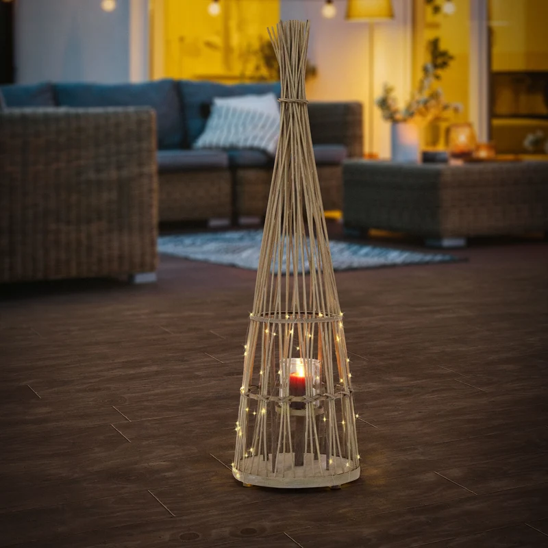 Bambus Laterne, Windlicht H: 110 cm Holzfarbe, Boho Gartenlaterne mit LED-Lichterkette & Glaseinsatz, Flechtoptik Kerzenhalter