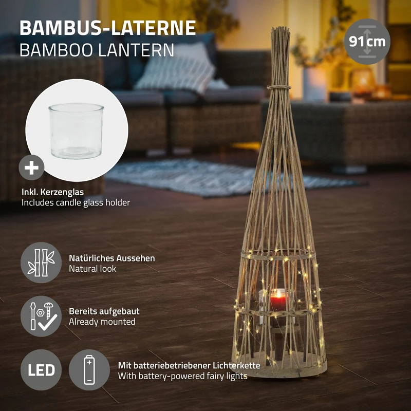 Bambus Laterne, Windlicht H: 91 cm Holzfarbe, Boho Gartenlaterne mit LED-Lichterkette & Glaseinsatz, Flechtoptik Kerzenhalter