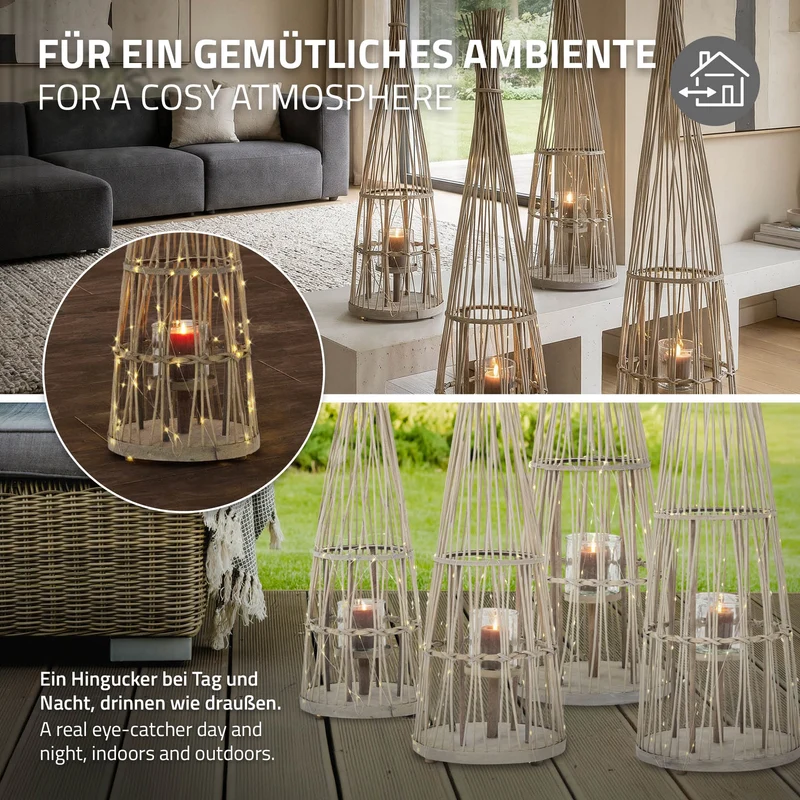 Bambus Laterne, Windlicht H: 91 cm Holzfarbe, Boho Gartenlaterne mit LED-Lichterkette & Glaseinsatz, Flechtoptik Kerzenhalter