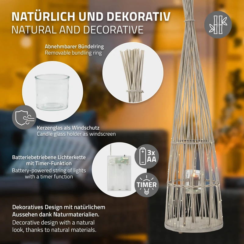 Bambus Laterne, Windlicht H: 150 cm Holzfarbe, Boho Gartenlaterne mit LED-Lichterkette & Glaseinsatz, Flechtoptik Kerzenhalter