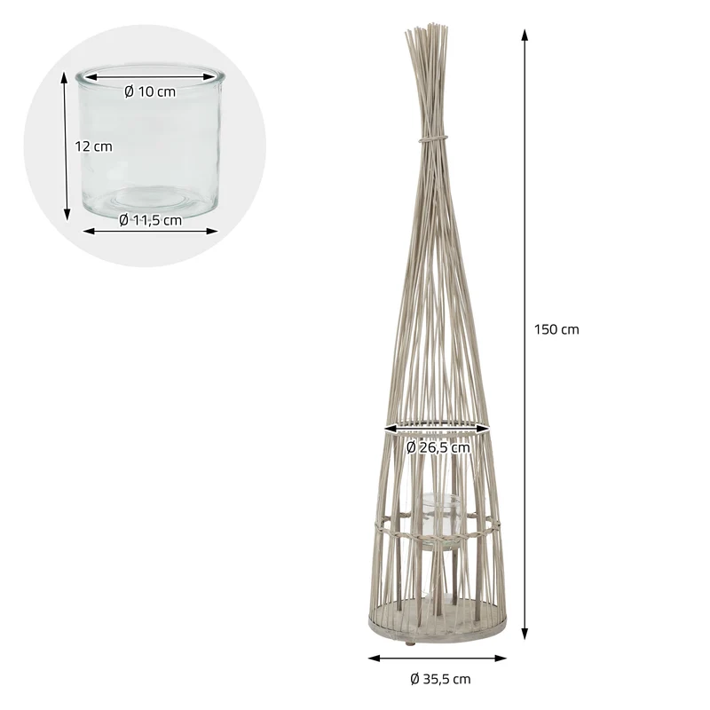 Bambus Laterne, Windlicht H: 150 cm Holzfarbe, Boho Gartenlaterne mit LED-Lichterkette & Glaseinsatz, Flechtoptik Kerzenhalter