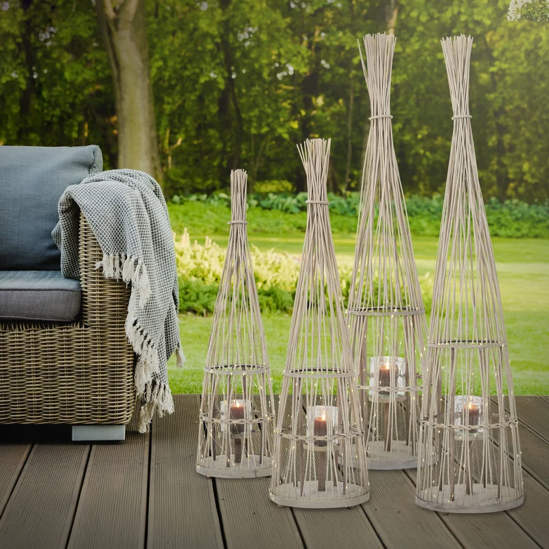Bambus Laterne, Windlicht H: 150 cm Holzfarbe, Boho Gartenlaterne mit LED-Lichterkette & Glaseinsatz, Flechtoptik Kerzenhalter
