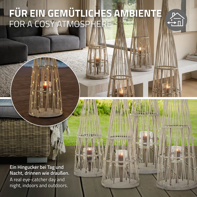 Bambus Laterne, Windlicht H: 132 cm Holzfarbe, Boho Gartenlaterne mit LED-Lichterkette & Glaseinsatz, Flechtoptik Kerzenhalter