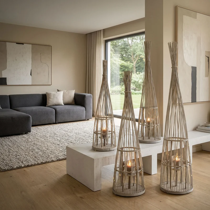 Bambus Laterne, Windlicht H: 132 cm Holzfarbe, Boho Gartenlaterne mit LED-Lichterkette & Glaseinsatz, Flechtoptik Kerzenhalter