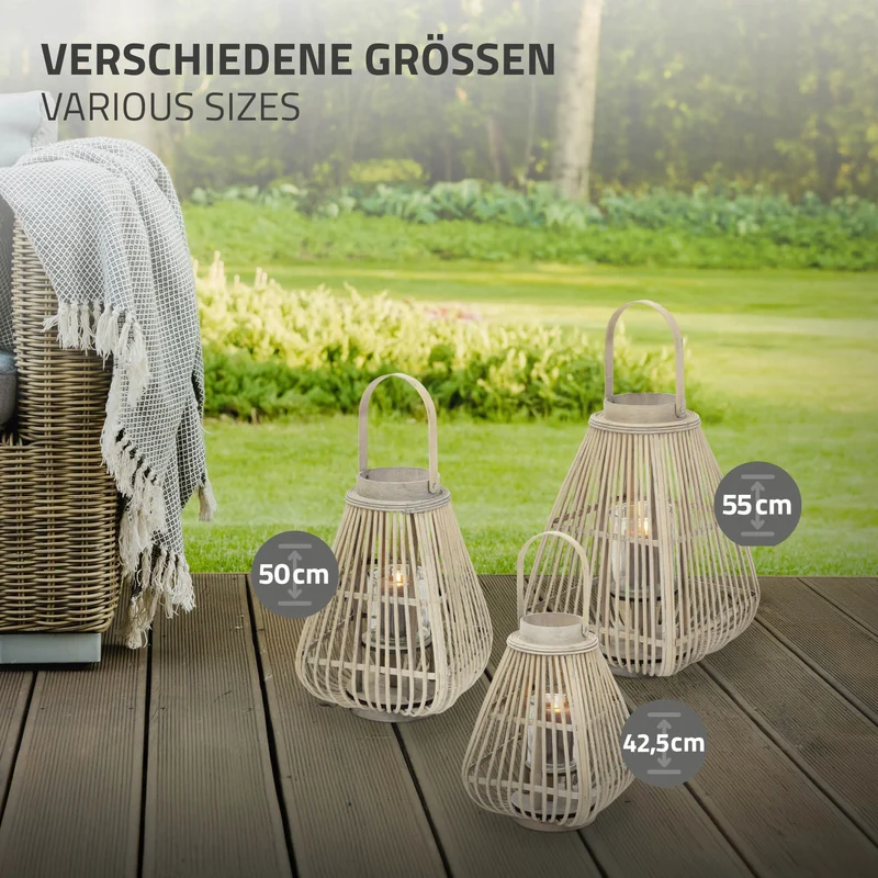 Bambus Laterne, Windlicht H: 50 cm Holzfarbe, Boho Gartenlaterne mit Henkel & Glaseinsatz, Flechtoptik Kerzenhalter