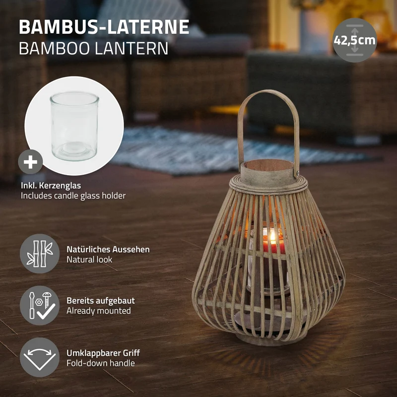 Bambus Laterne, Windlicht H: 42,5 cm Holzfarbe, Boho Gartenlaterne mit Henkel & Glaseinsatz, Flechtoptik Kerzenhalter