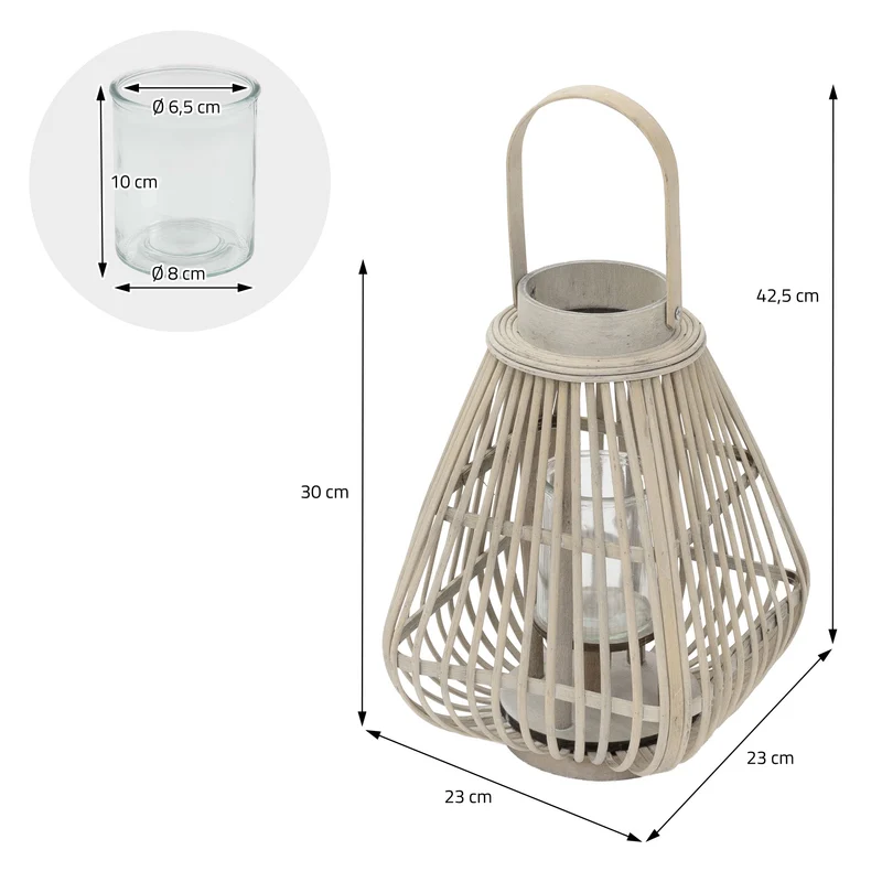 Bambus Laterne, Windlicht H: 42,5 cm Holzfarbe, Boho Gartenlaterne mit Henkel & Glaseinsatz, Flechtoptik Kerzenhalter