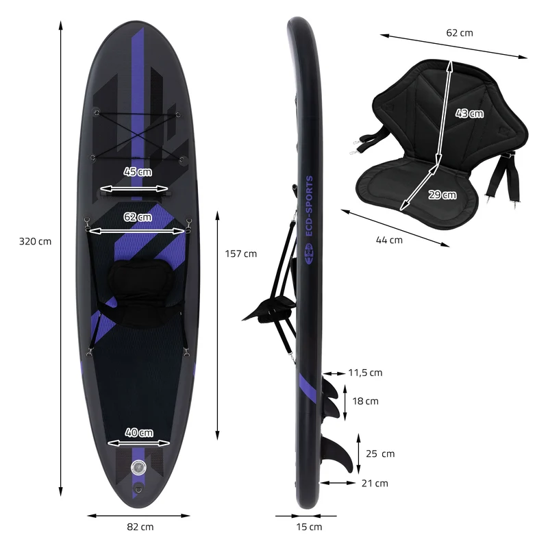 Stand Up Paddle aufblasbares SUP Board mit Kajak Sitz 320x82x15 cm aus PVC inkl. Pumpe und Tragetasche