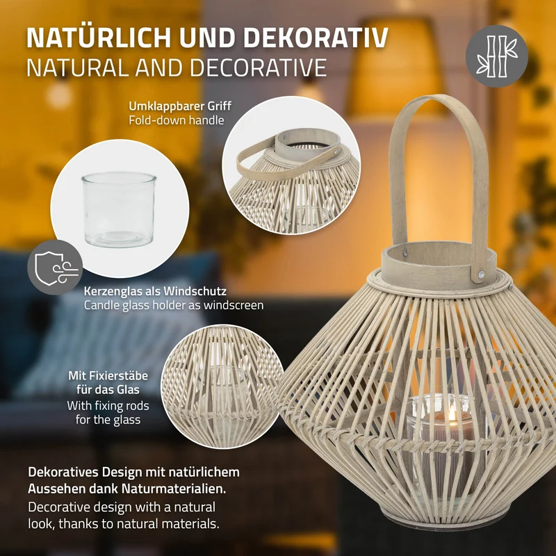 Bambus Laterne, Windlicht H: 44 cm Holzfarbe, Boho Gartenlaterne mit Henkel & Glaseinsatz, Flechtoptik Kerzenhalter