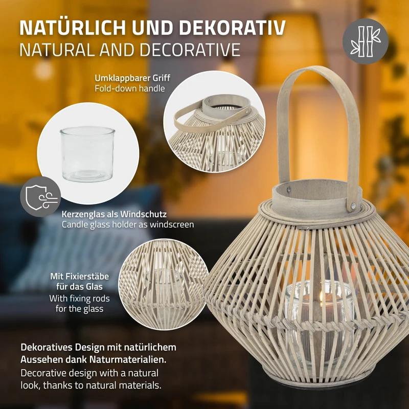 Bambus Laterne, Windlicht H: 42 cm Holzfarbe, Boho Gartenlaterne mit Henkel & Glaseinsatz, Flechtoptik Kerzenhalter