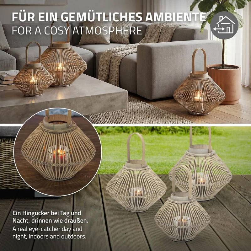 Bambus Laterne, Windlicht H: 42 cm Holzfarbe, Boho Gartenlaterne mit Henkel & Glaseinsatz, Flechtoptik Kerzenhalter