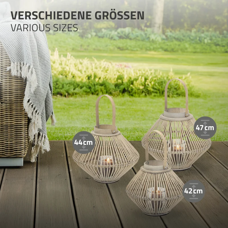 Bambus Laterne, Windlicht H: 42 cm Holzfarbe, Boho Gartenlaterne mit Henkel & Glaseinsatz, Flechtoptik Kerzenhalter