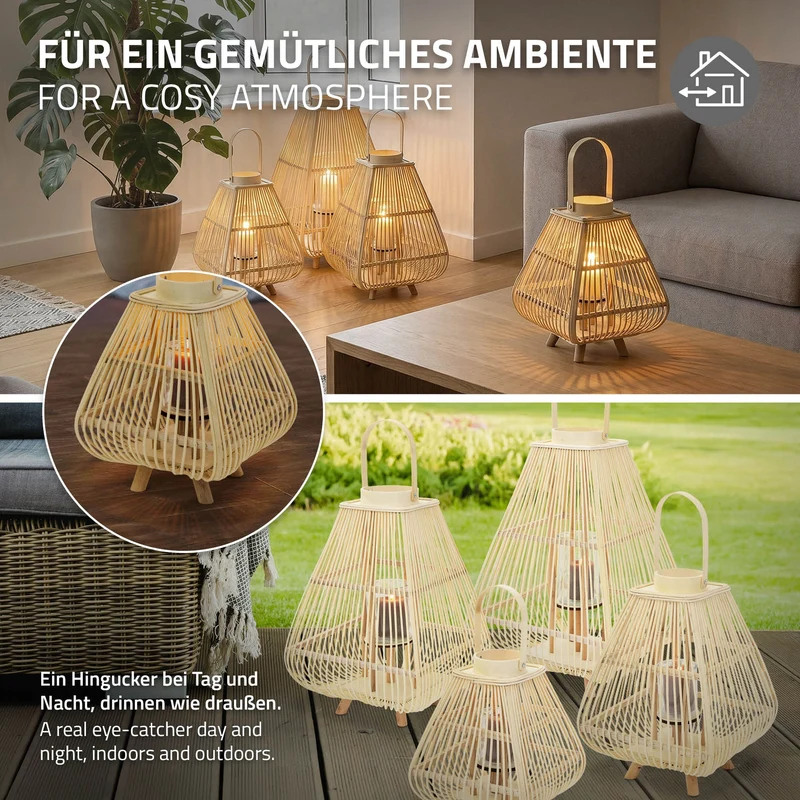 Bambus Laterne, Windlicht H: 45,5 cm Holzfarbe, Boho Gartenlaterne mit Henkel & Glaseinsatz, Flechtoptik Kerzenhalter