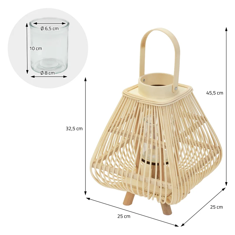 Bambus Laterne, Windlicht H: 45,5 cm Holzfarbe, Boho Gartenlaterne mit Henkel & Glaseinsatz, Flechtoptik Kerzenhalter