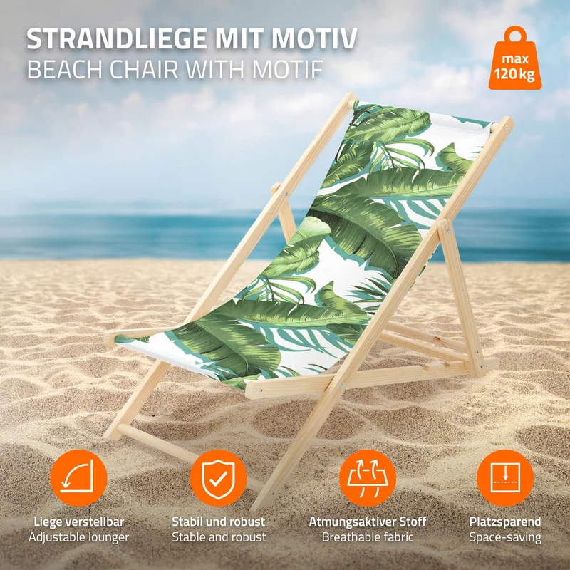4er Set Gartenliege aus Holz in Tropical Grün-Weiß klappbarer Beachstuhl Strandstuhl Strandliege Liegestuhl Sonnenliege Relaxliege
