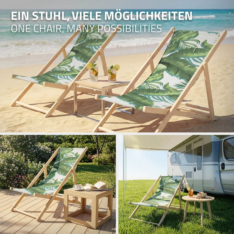 4er Set Gartenliege aus Holz in Tropical Grün-Weiß klappbarer Beachstuhl Strandstuhl Strandliege Liegestuhl Sonnenliege Relaxliege
