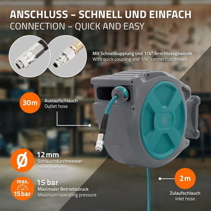 Druckluft Schlauchtrommel Automatik 30 m 1/4" Anschluss für Wandmontage