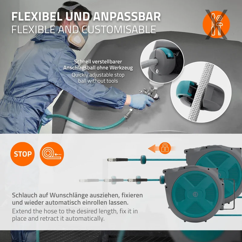 Druckluft Schlauchtrommel Automatik 20 m 1/4" Anschluss für Wandmontage