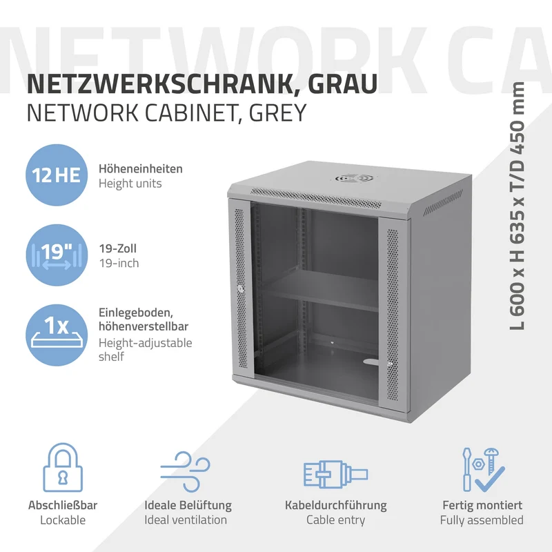 B-Ware Netzwerkschrank 12 HE 19 Zoll Grau 600 x 635 x 450 mm voll montiert Traglast 60 kg