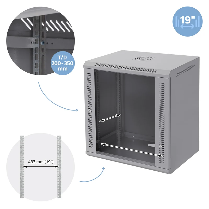 B-Ware Netzwerkschrank 12 HE 19 Zoll Grau 600 x 635 x 450 mm voll montiert Traglast 60 kg