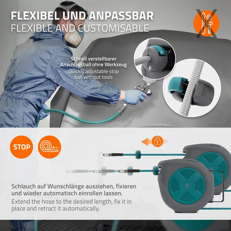 Druckluft Schlauchtrommel Automatik 15 m 1/4" Anschluss für Wandmontage