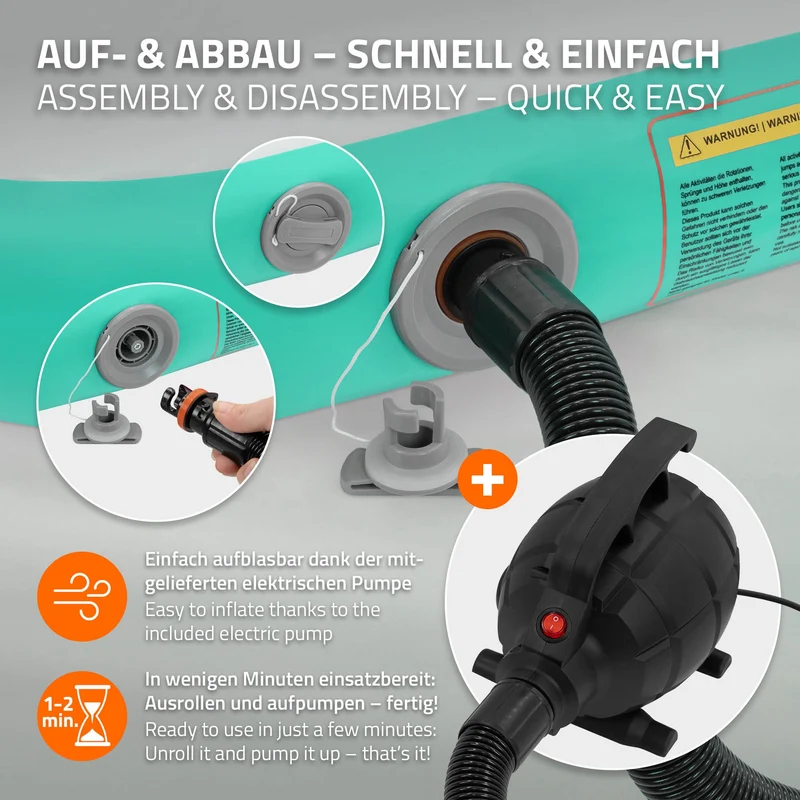 Aufblasbare Gymnastikmatte Turnmatte Airtrack 3m, Grün-Mint, 10cm Dicke, inkl. Tragetasche & elektr. Luftpumpe