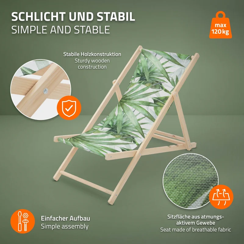 Gartenliege aus Holz in Palme Grün-Weiß klappbarer Beachstuhl Strandstuhl Strandliege Liegestuhl Sonnenliege Relaxliege