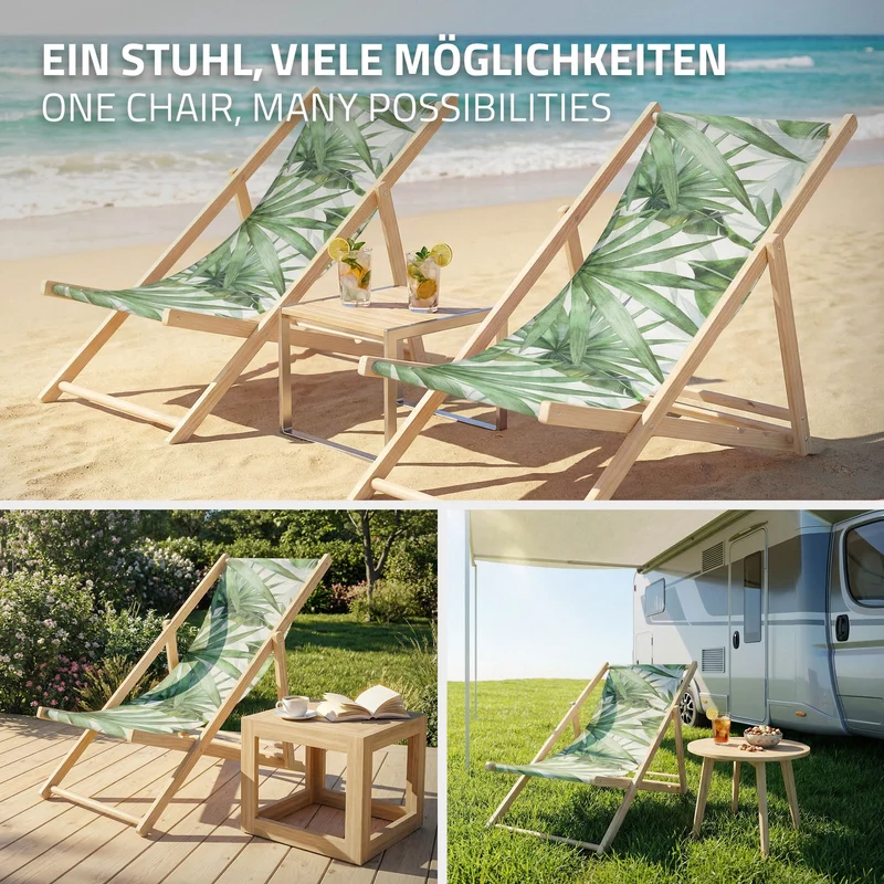 Gartenliege aus Holz in Palme Grün-Weiß klappbarer Beachstuhl Strandstuhl Strandliege Liegestuhl Sonnenliege Relaxliege