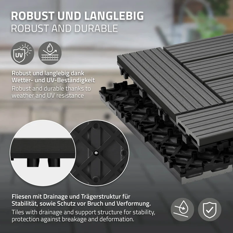 WPC Terrassenfliesen 30x30 cm 44er Set für 4m² Anthrazit in Holzoptik Mosaik mit Drainage und Klicksystem