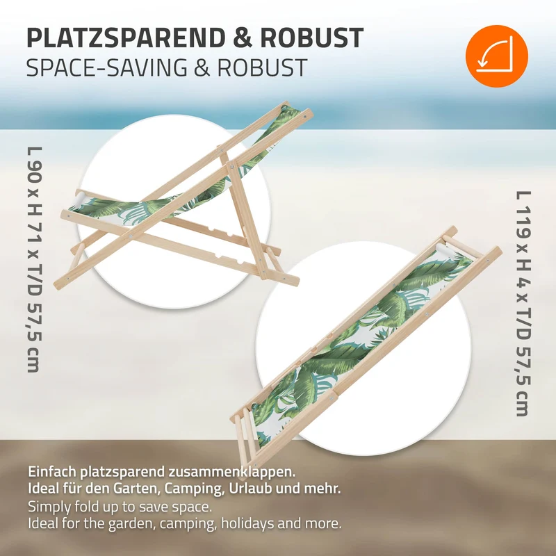 Gartenliege aus Holz in Tropical Grün-Weiß klappbarer Beachstuhl Strandstuhl Strandliege Liegestuhl Sonnenliege Relaxliege