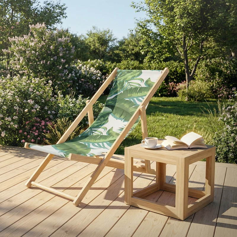Gartenliege aus Holz in Tropical Grün-Weiß klappbarer Beachstuhl Strandstuhl Strandliege Liegestuhl Sonnenliege Relaxliege