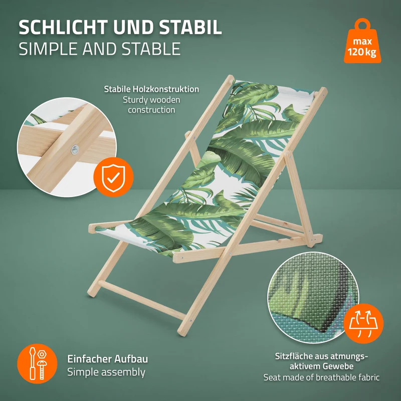 5er Set Gartenliege aus Holz in Tropical Grün-Weiß klappbarer Beachstuhl Strandstuhl Strandliege Liegestuhl Sonnenliege Relaxliege