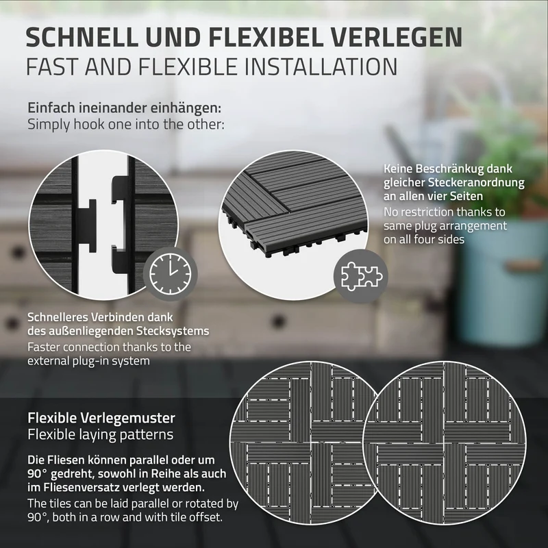 WPC Terrassenfliesen 30x30 cm 33er Set für 3m² Anthrazit in Holzoptik Mosaik mit Drainage und Klicksystem